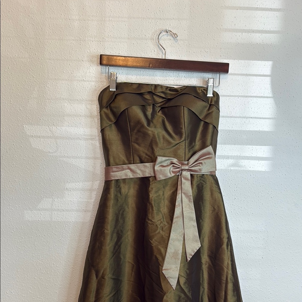90s/Y2K Olive Green Strapless Maxi Dress with Center Bow Built in Bra & Boning